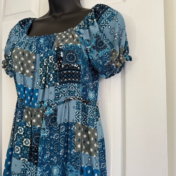 Rewind Paisley Babydoll Mini Dress Size M Teal Navy Cowgirl Western Boho Easter - Picture 2 of 8